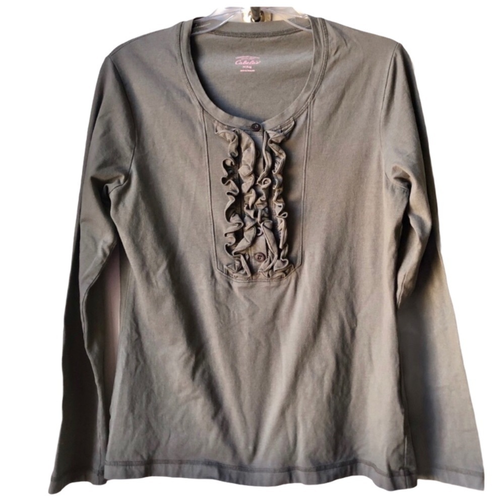 Cabela's Ruffled Front Olive Gray Tee Size Medium